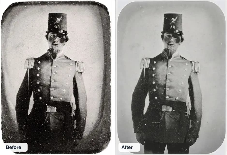 19th-century portrait before and after photo restoration: dust, spots and dark tarnish removed